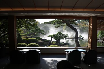 松や池の美しい日本庭園を見ながらくつろげる椅子と机のある空間