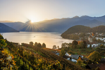 autumn sunrise over the bay of Spiez, Berner Oberland