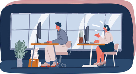 Cartoon vector illustration of Group of office workers sitting at desks and communicating or talking to each other. Dialogs or conversations between colleagues or clerks at workplace.