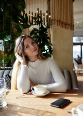Beautiful woman sitting in cafe. Coffee break. Morning light falls from the window