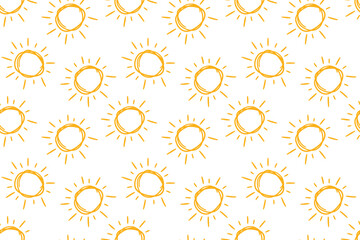 Hand drawn doodle suns seamless pattern. Children drawing of yellow sun. Baby summer simple texture. Vector illustration in white background.