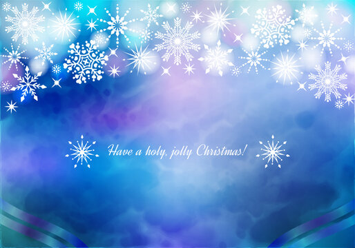 水彩風のブルークリスマス背景と雪の結晶のイラスト