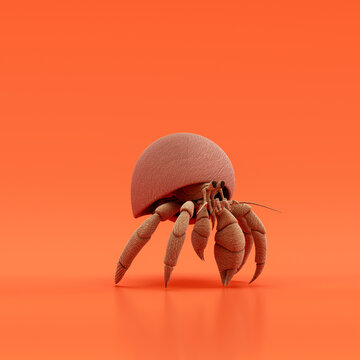 Hermit Crab Doll, Stuffed Animal Made Of Fabric Single Animal From Angle View, Brown Monochrome Animal In An Orange Studio, 3d Rendering