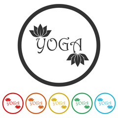 Fototapeta na wymiar Yoga word icon. Set icons in color circle buttons