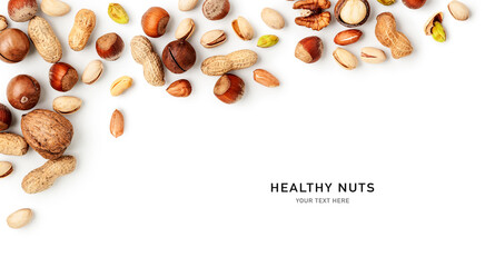 Mixed nuts border on white background. Creative layout
