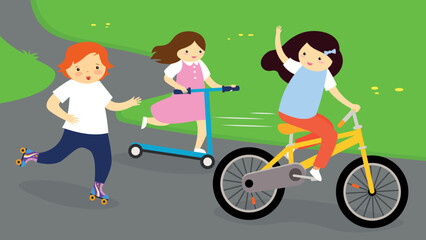 A girl rides a bike, a girl on a scooter follows her and a boy runs