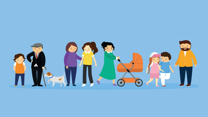Large family, family members, dog, children, stroller