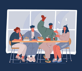 Cartoon vector illustration of People together in a cafe eat and talk, together with friendly people in the same cafe