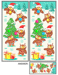 Obraz na płótnie Canvas Difference game with owls decorating fir tree for winter holidays. Answer included. 