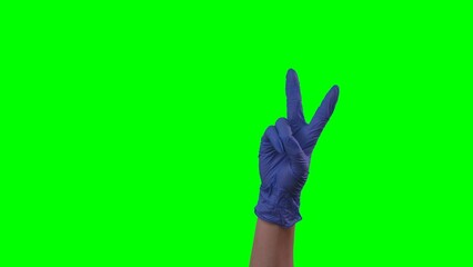 Woman hand in a medical blue glove showing two fingers victory gestur. Doctor arm in protective glove gesturing joyful. Close up on green screen background.