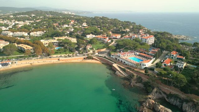 Aerial images on the Costa Brava S'Agar&oacute; luxury urbanization hotels on the seafront