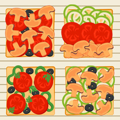 Flat illustration with set of 4 different vegetarian toast with tomato, pepper, mushrooms, onion, olive. Illustration can be used for restaurants, cafe, lifestyles blogs, recipes