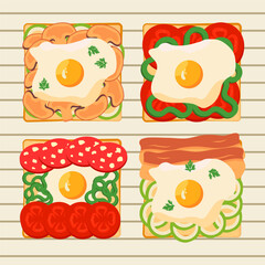 Flat illustration with set of 4 different toasts with fried egg and vegetables. Illustration can be used for restaurants, cafe, lifestyles blogs, recipes