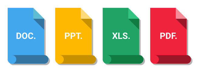 Vector of document file format. Doc icon,ppt icon,xls icon and pdf icon. Portabel document format. Digital spreadsheet document. Presentation document.