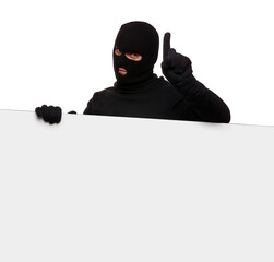 Thief in a mask on a white background, free space.