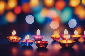 Obraz na płótnie Canvas Happy Diwali - Diya lamps lit during diwali celebration, blue tone, bokeh background