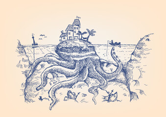 Obraz premium Doodle of a Giant Octopus disguised as an Island attacks a fisherman. Can be a symbol of Legendary sea monsters like the Kraken and more. Hand drawn pen ink artwork. Editable EPS10.
