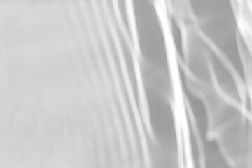 Obraz premium Blurred defocused water texture overlay effect for photo and mockups. Organic drop diagonal shadow and light caustic effect on a white wall. Shadows for natural light effects