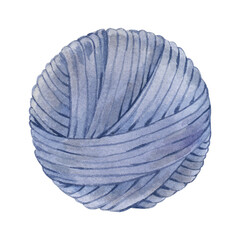 Realistic skein of blue yarn. Watercolor colorful wool thread for knitting. Hand-drawn illustration isolated on  transparent.