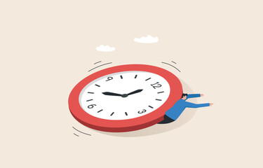 Stress and time pressure, deadline, overtime. businessman under a big clock.