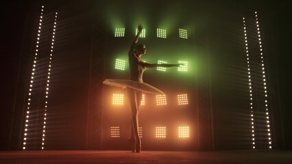 Young ballerina in white tutu dancing in pointe shoes on tiptoes against backdrop of smoke and spotlights with red green light. Silhouette of flexible woman ballet dancer performing dance pas in dark.