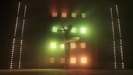 Young ballerina in white tutu dancing in pointe shoes on tiptoes against backdrop of smoke and spotlights with red green light. Silhouette of flexible woman ballet dancer performing dance pas in dark.