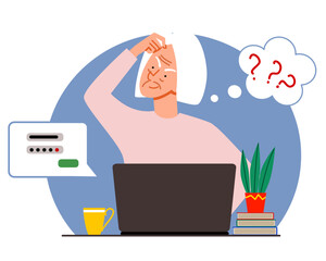 The concept of an elderly person thinking on a laptop. The old woman forgot his password and account login for the web page. Vector illustration in a flat style.
