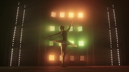 Young ballet dancer gracefully dancing against background of smoke and spotlights with soft red green light. Silhouette of a beautiful slim figure in white swan tutu and pointe shoes. © kinomaster