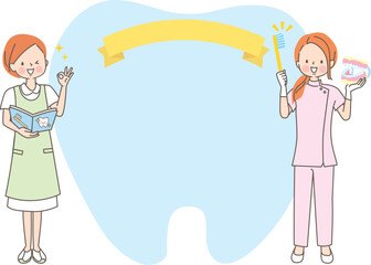 歯磨きの指導をする歯科助手達のベクターイラスト素材