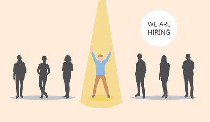 The concept of personnel selection for recruitment banner, social media and hiring poster. Company looking for new employees of the team with words we're hiring.