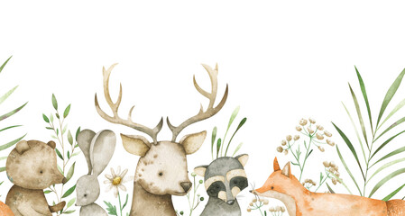 Watercolor seamless border with woodland deer, fox, bear, rabbit, raccoon, flowers and branches. Horizontal repeatable frame for creative design