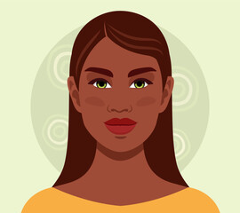 Close-up of beautiful black woman Avatar, illustration isolated on a green background, Template for use, Vector flat illustration, Avatar for a social network, African.