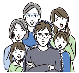 憂鬱な顔の男性　家族　親子　祖父母　六人　