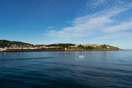 View of the Parador of Baiona and coastline, Pontevedra, Galicia, Spain