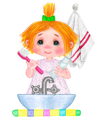 A little girl is standing in front of the washbasin, washing herself, holding a toothbrush and toothpaste in her hands. There is a towel behind her.
