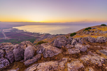 Blue hour view of the Sea of Galilee, Mount Arbel