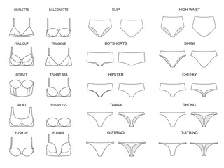 Types of women's panties  and bras. Set of underwear. Illustration on a transparent background - obrazy, fototapety, plakaty