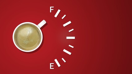 Scale of fuel indicator, showing fuel level and cup coffee with foam at red background. Coffee creative idea background. Loading status bar. Modern Web icon. Graphic style with cup coffee.