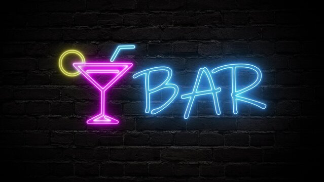 Neon Glowing Sign With Cocktail Glass And Straw On Black Brick Wall. Computer Graphics Of Electric Luminous Billboard, Banner From Blue Purple Neon Tubes. Neon Sign Shiny For Cocktail Bar.