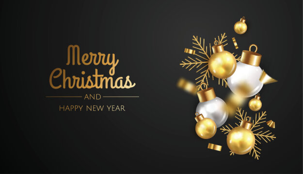 Merry Christmas and Happy New Year. Xmas Festive background with realistic 3d red balls.