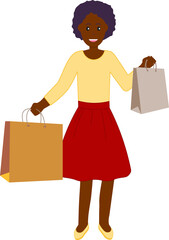 Happy Stylish shopper black girl after sale holding shopping bags with purchases in hands, Flat illustration isolated on white background
