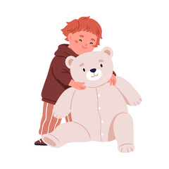 Cute child hugging stuffed toy, teddy. Happy smiling boy embracing plush bear. Joyful kindergarten little kid, nice adorable toddler. Flat vector illustration isolated on white background