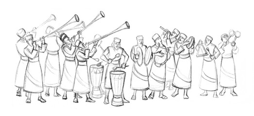 An ancient orchestra is playing. Pencil drawing