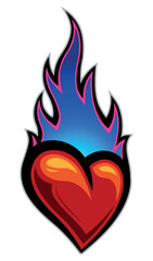 Heart with fire flames love symbol Valentine's day vector graphic burning heart sticker car decal tattoo and logo template