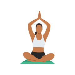 Woman doing Seated Mountain Pose in Auspicious Pose. Practice Parvatasana in Swastikasana. Flat vector illustration isolated on white background
