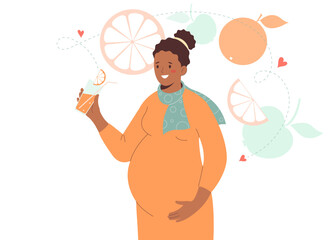 Pregnant African-American woman holds healthy fruit juice in her hand . Nutrition and diet during pregnancy.