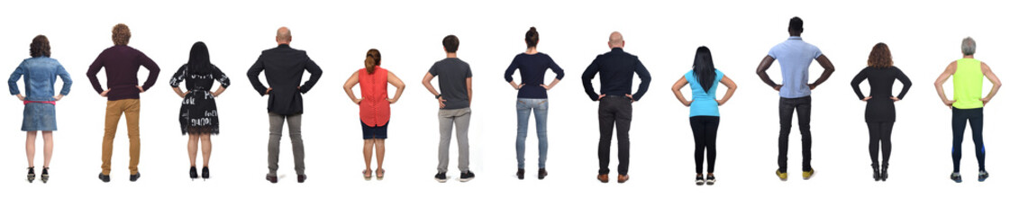 back view of large group of peple with arms akimbo on white background
