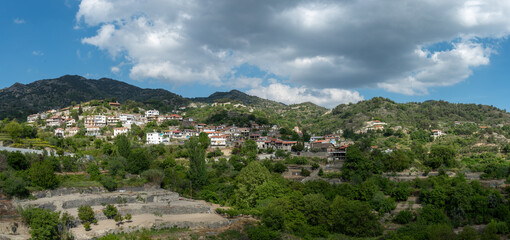 Fototapeta na wymiar Aerial drone scenery of mountain traditional village of Agros. Nicosia Cyprus