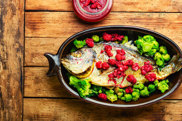 Fragrant baked fish, top view