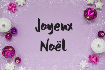 Fototapeta na wymiar Purple Background, French Text Joyeux Noel Means Merry Christmas, Snowflakes
